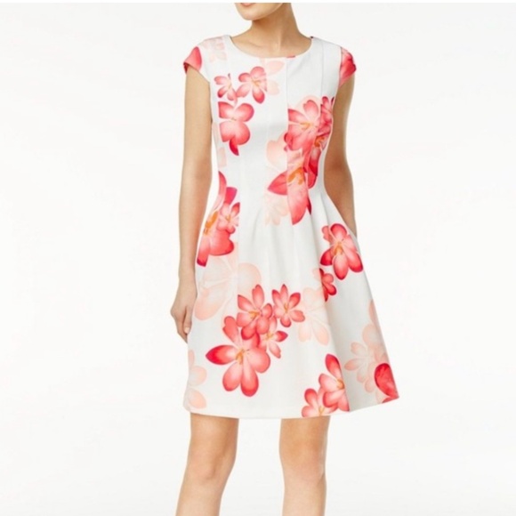 NWT CALVIN KLEIN Creamy White w Tropical Floral Print Knee Length W Dress Sz14 - Picture 7 of 7